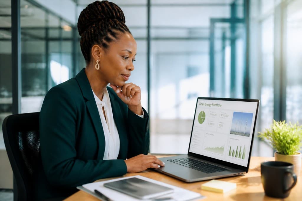 Financier reviewing clean energy portfolio data on a laptop
