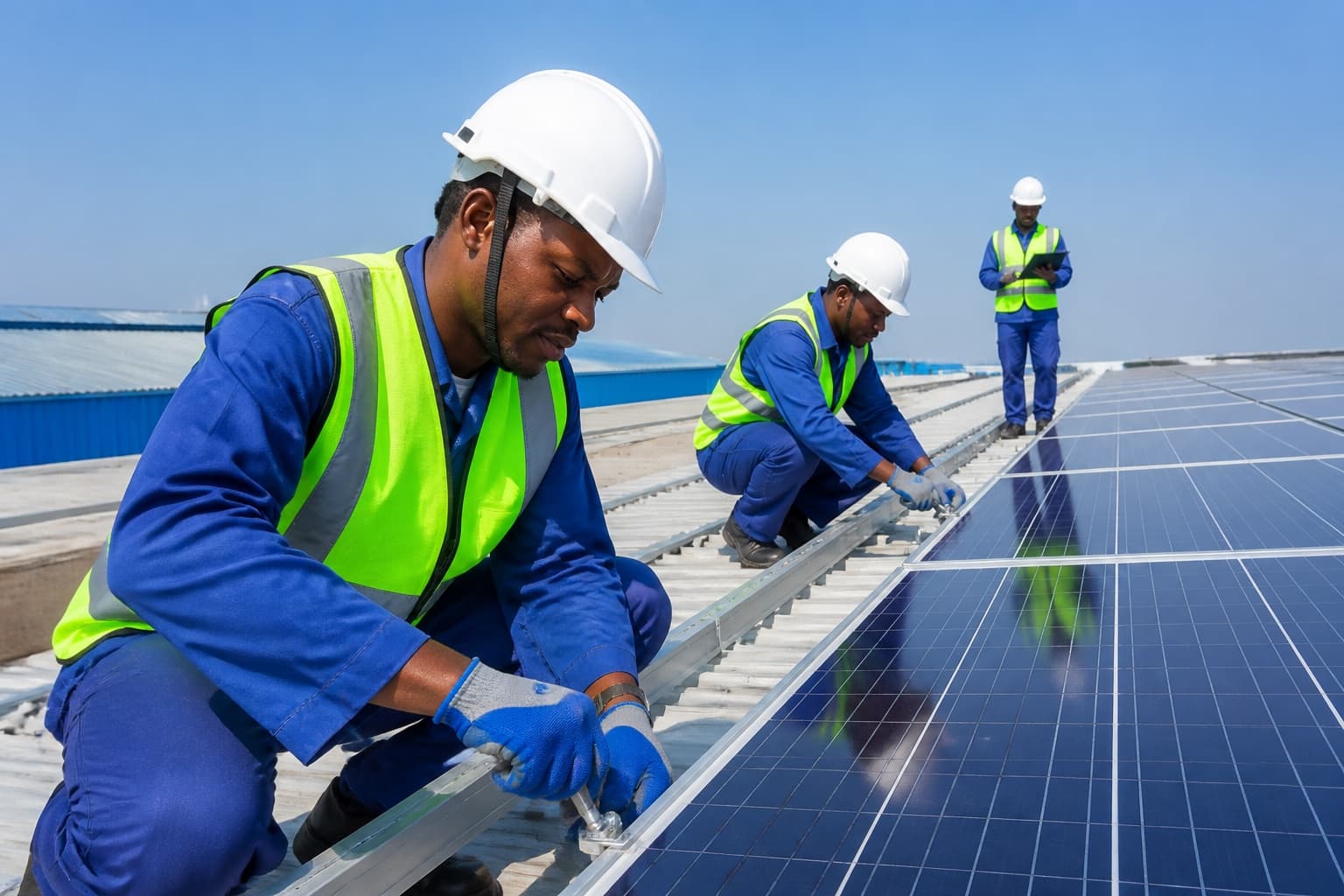 Solar installation crew working on an industrial rooftop